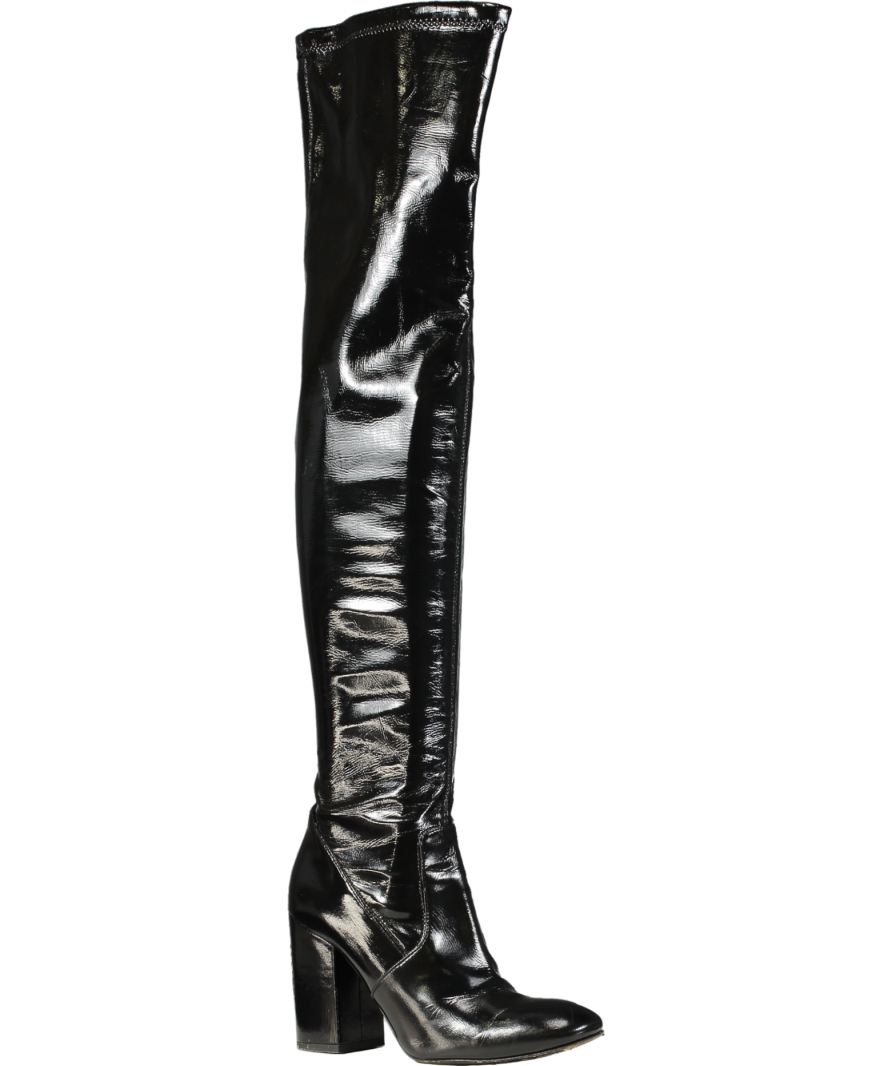 Pinko Black Patent Over The Knee Block Heel Boots UK 5 EU 38 👠