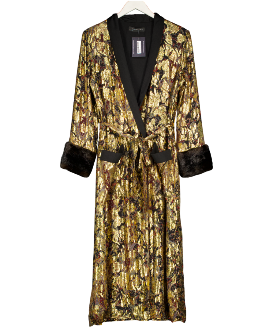 ZARA Metallic Shiny Silk Jacquard Kimono,with Fur Cuff UK S