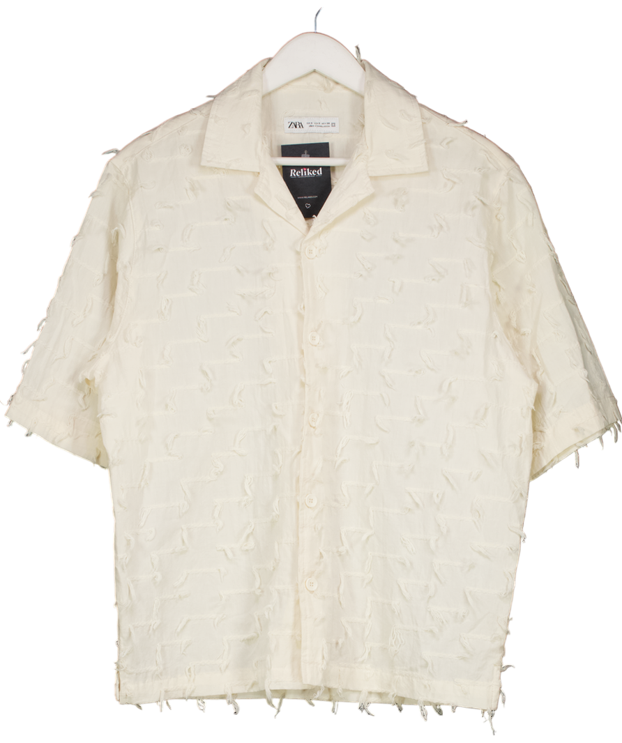 ZARA Cream Frayed Textured Short Sleeve Shirt UK S