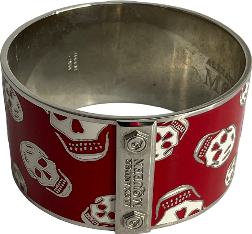 Alexander McQueen Skull Printed Red Enamel Bangle Bracelet One Size