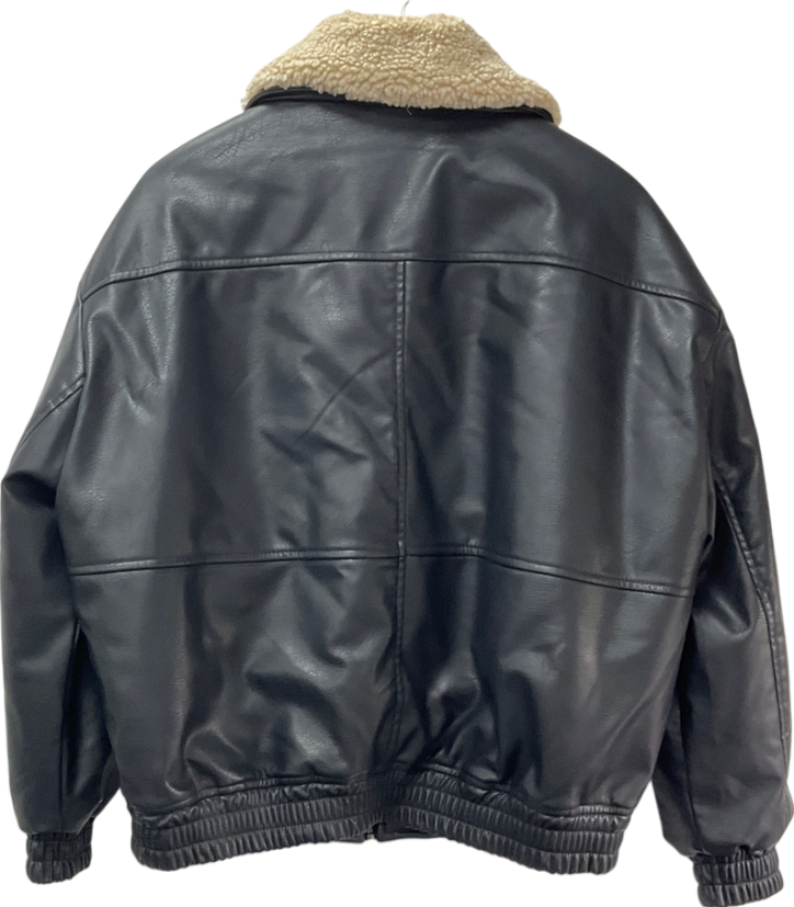 Stradivarius Black Leather Bomber Jacket With Borg Collar UK L