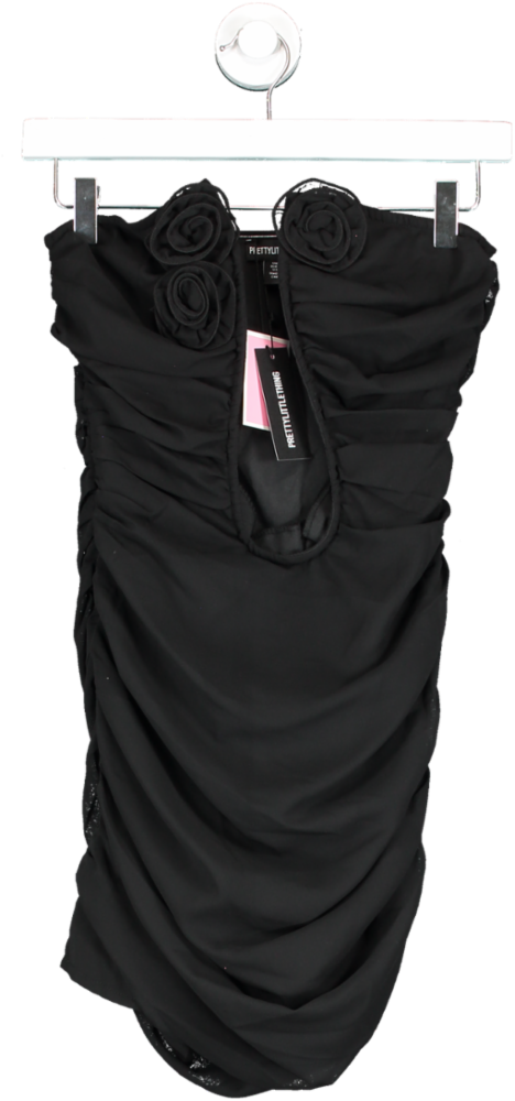 PrettyLittleThing Black Chiffon Rose Trim Deep V Bar Bandeau Bodycon Dress UK 4