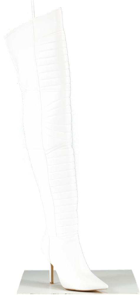 Nasty Gal White Faux Leather Padded Motocross Thigh High Boots UK 7 EU 40 👠