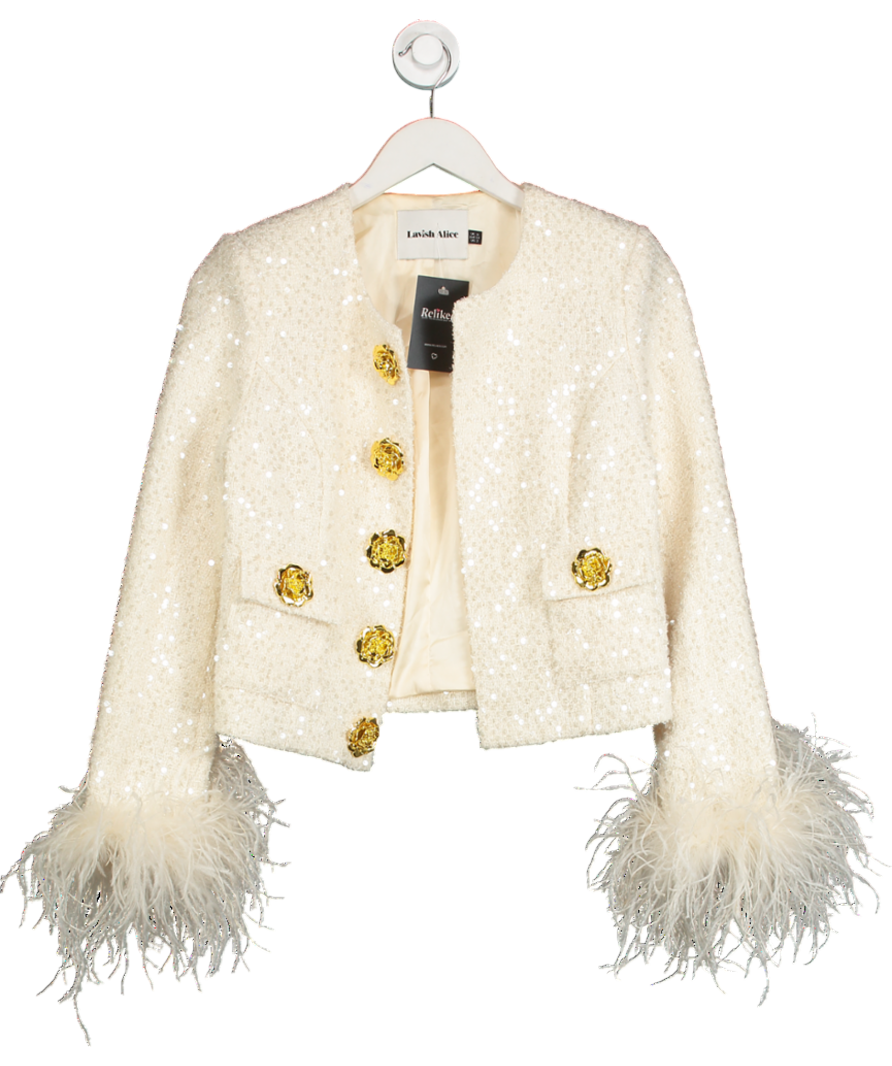 Lavish Alice Cream Laria Sequin Boucle Jacket With Gold Rose Embellishment UK 6