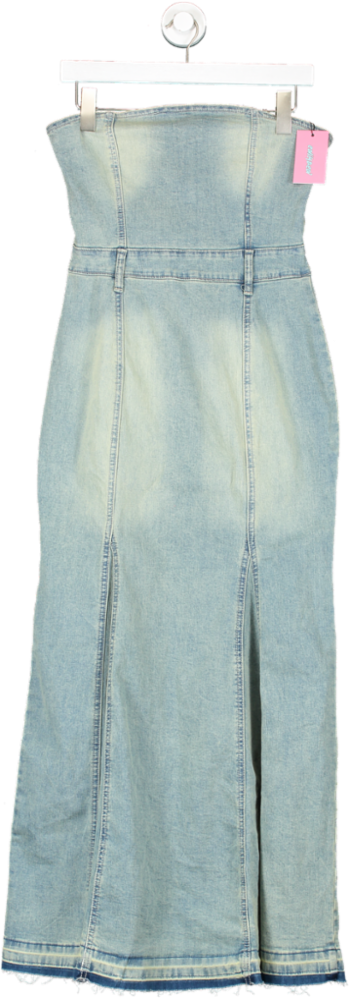edikted Blue Astoria Strapless Release Hem Denim Maxi Dress UK M