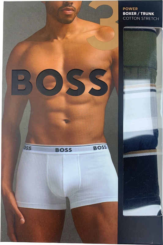 BOSS Black/Navy/Khaki Logo waistband 3 Pack Power Boxer Trunks UK S