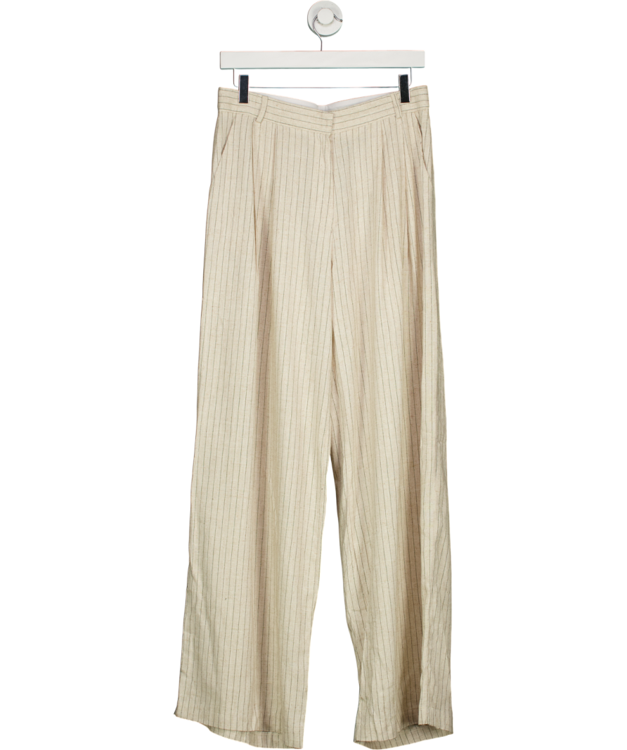 One by Two Beige Pinstriped Linen Wide Leg Trousers UK S