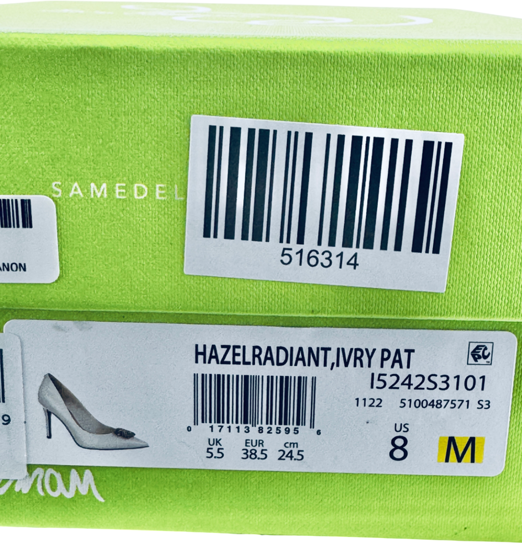 SAM EDELMAN Ivory White / Gold Hazel Radiant Embellished Faux Patent Leather Heels Us8 UK 6 EU 39 👠