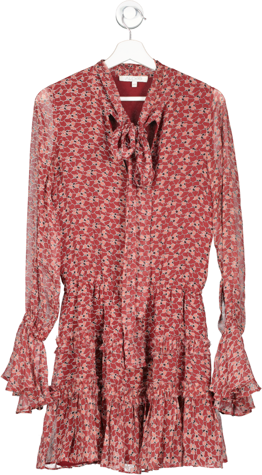 Alexis Red Floral Silk Long Sleeve Tiered Ruched Tie Neck Dress UK XS