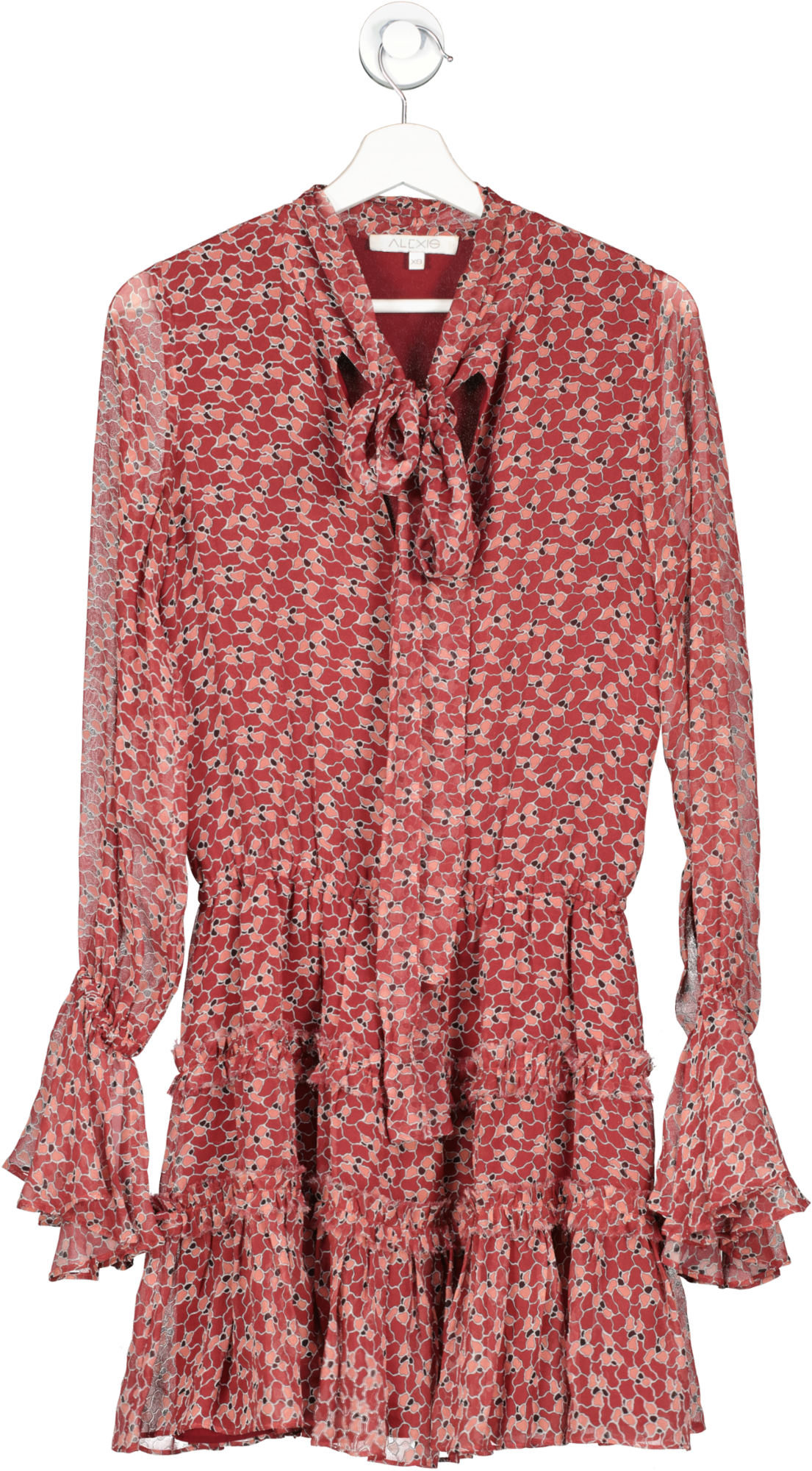 Alexis Red Floral Silk Long Sleeve Tiered Ruched Tie Neck Dress UK XS