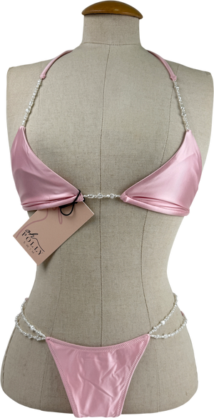 Oh Polly Pink Pearl-detail Double-strap Thong Bikini Set UK XS