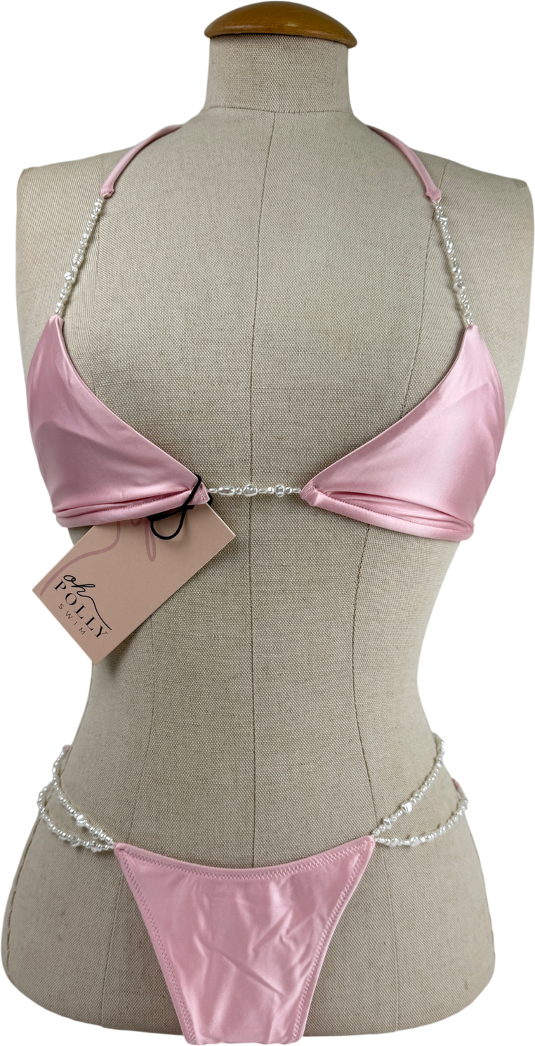 Oh Polly Pink Pearl-detail Double-strap Thong Bikini Set UK XS