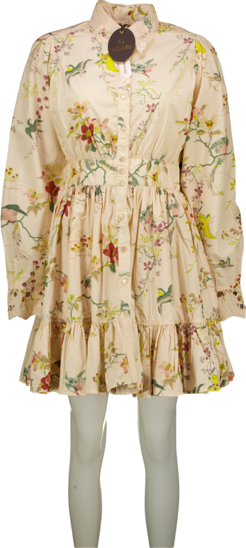 ByTIMO Cream floral print cotton Lace Collar Mini Long Sleeved Dress UK XS