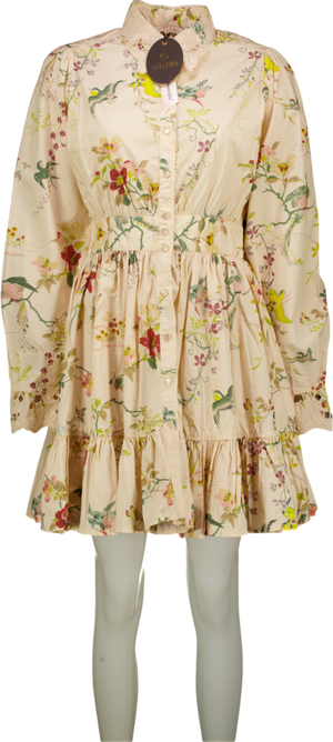 ByTIMO Cream floral print cotton Lace Collar Mini Long Sleeved Dress UK XS