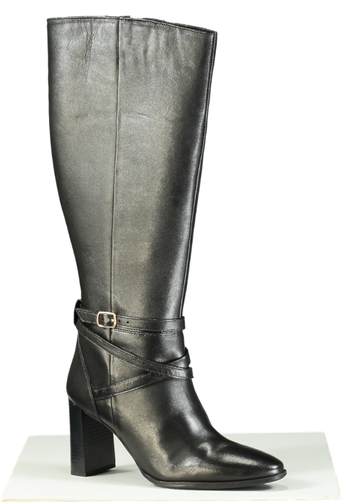 Karen Millen Black Leather Heeled Buckle Detail Knee High Boots UK 7