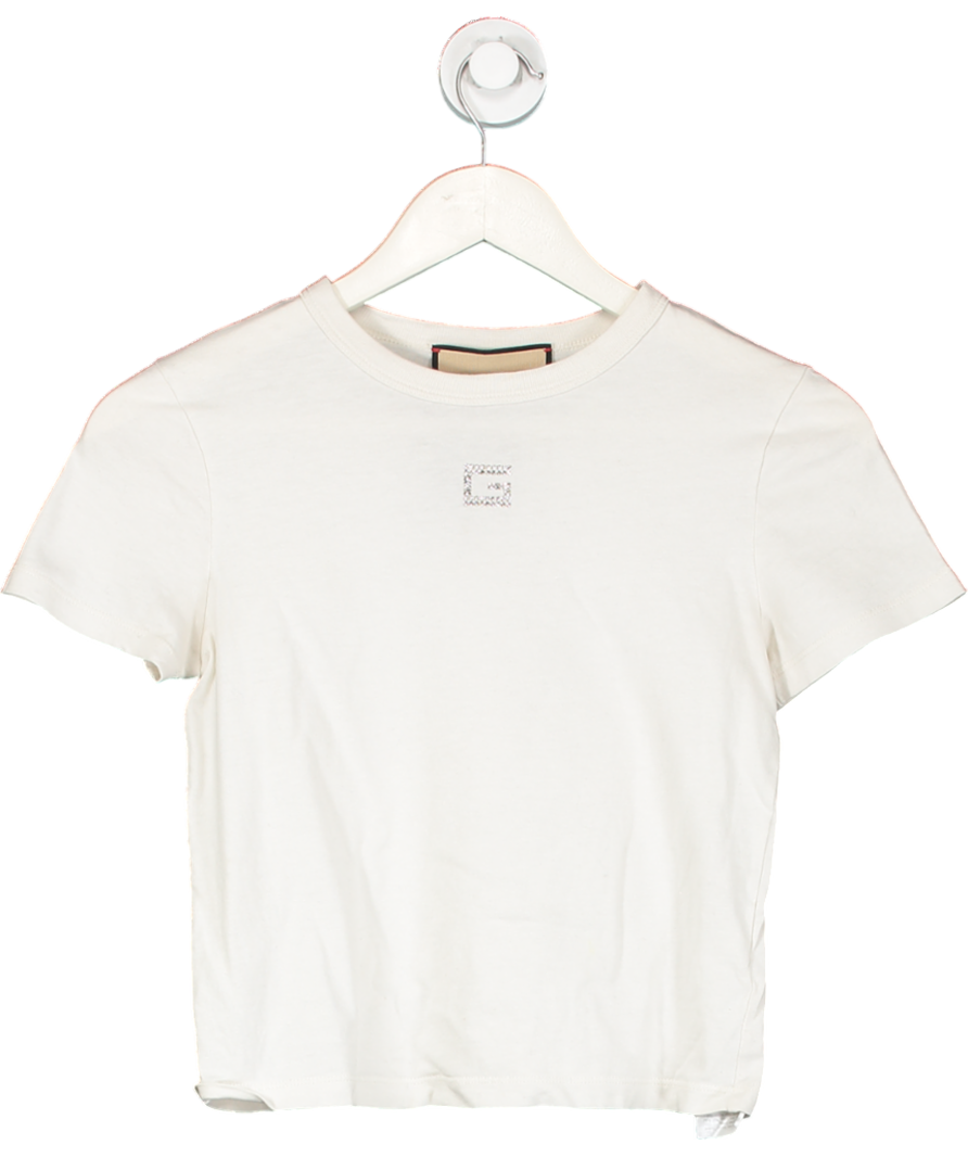 GUCCI White Cropped T-shirt With Crystal G Logo UK XS