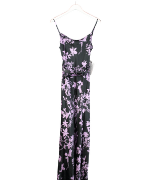 Nicholas Simone Belted Floral-Print Silk-Satin Maxi Dress In Midnight Blue/ Lilac UK 6