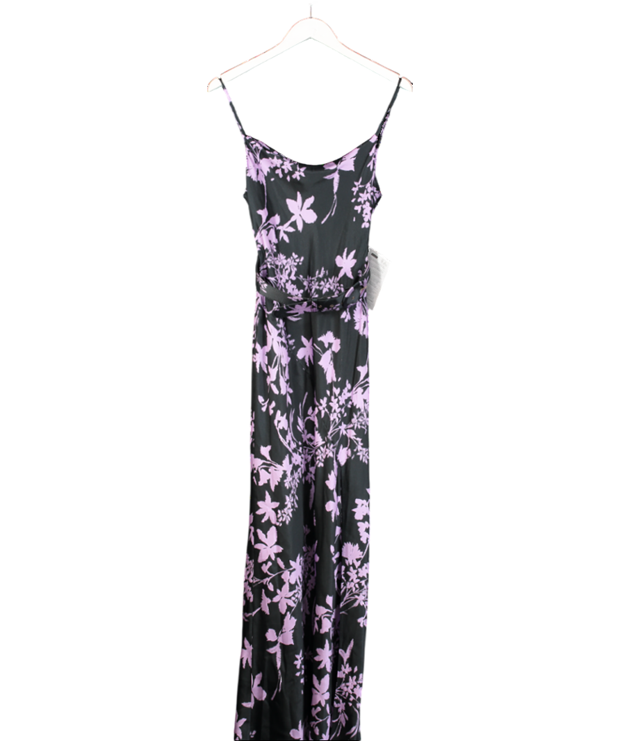 Nicholas Simone Belted Floral-Print Silk-Satin Maxi Dress In Midnight Blue/ Lilac UK 6