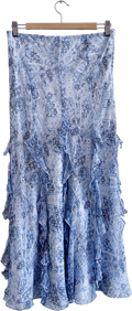 Ralph Lauren Blue Frill Detail Silk Chiffon Maxi Skirt UK S