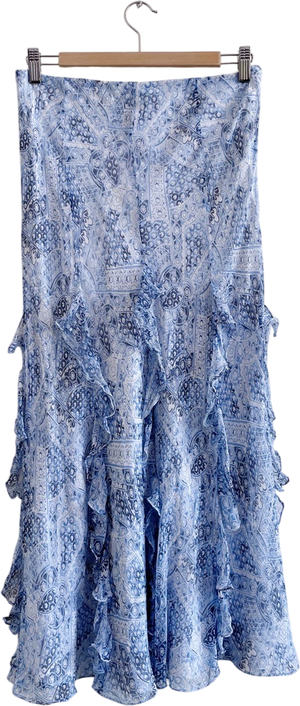 Ralph Lauren Blue Frill Detail Silk Chiffon Maxi Skirt UK S