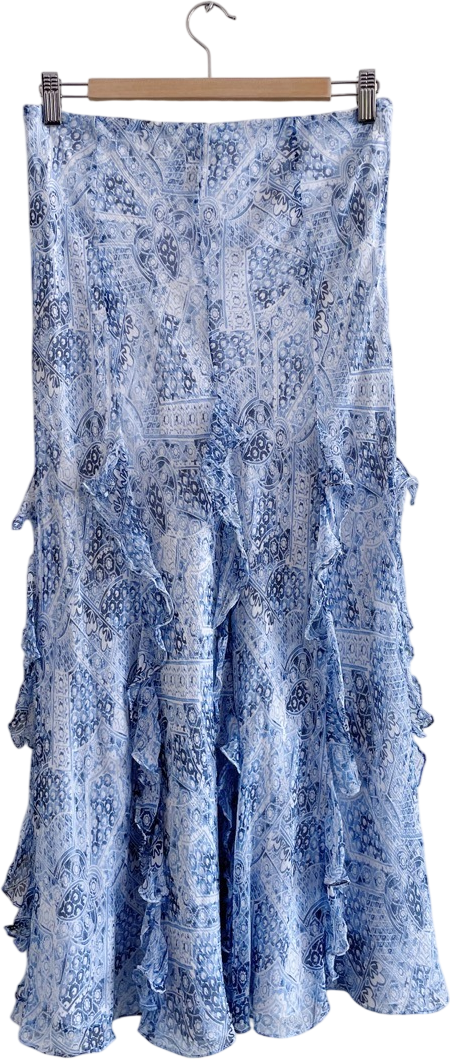 Ralph Lauren Blue Frill Detail Silk Chiffon Maxi Skirt UK S