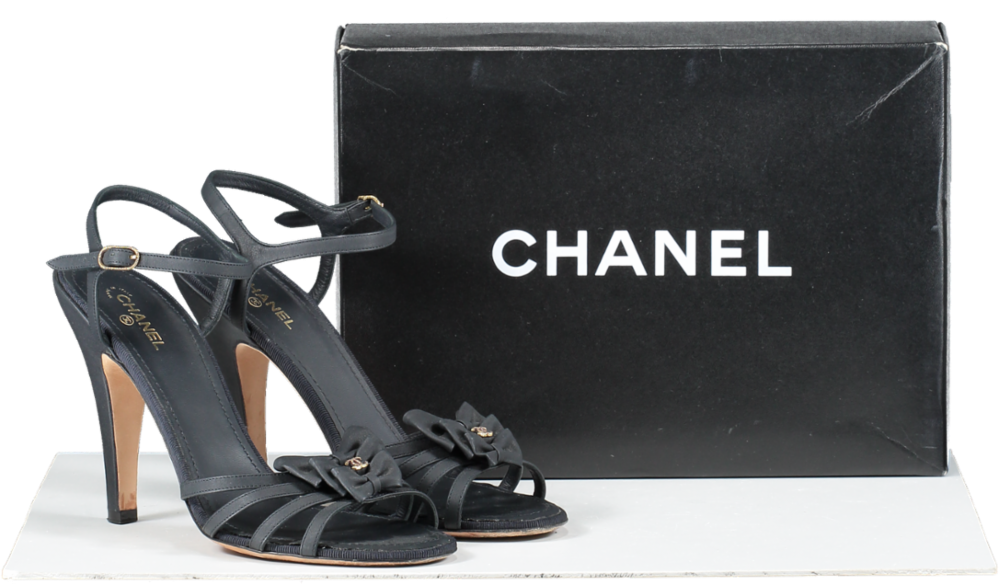 Chanel Black Leather Peep Toe CC LOGO Bow Detail Sandals UK 8 EU 41 👠