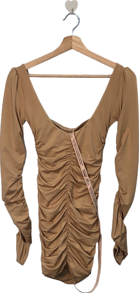 Oh Polly Beige Ruched Long Sleeve Mini Dress Size 8