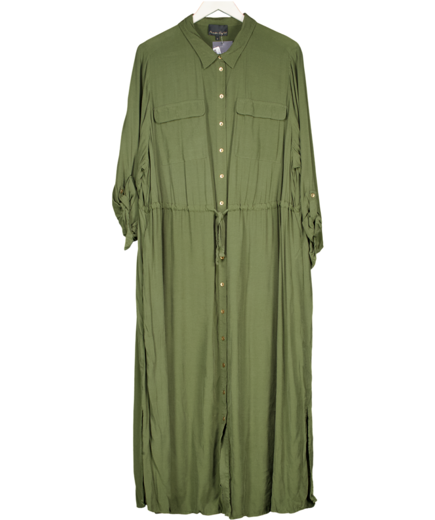 Phase Eight Green Drawstring Waist Khaki Shirt Dress 3/4 Sleeves UK 24