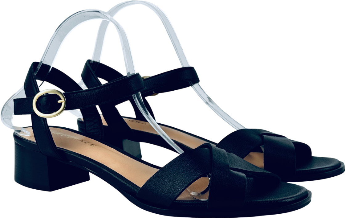 AIR & GRACE Black Leather Block Heeled Sandals UK 7 EU 40 👠