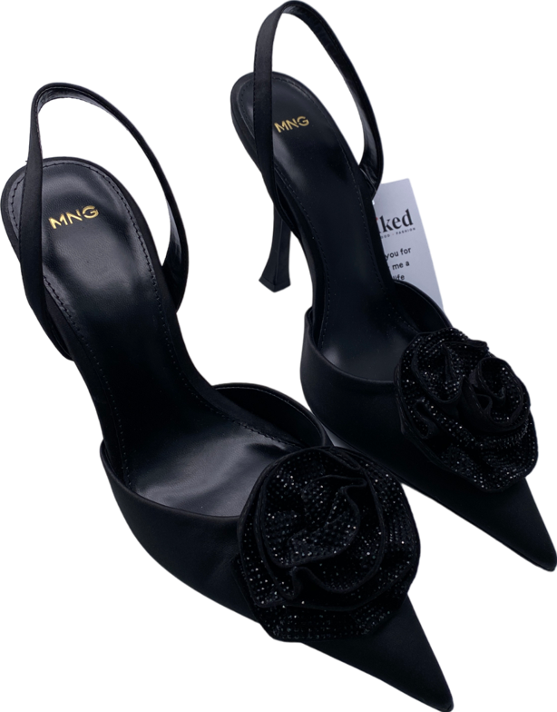 MANGO Black Sling Back Court Shoes With Rose Detail UK 7 EU 40 👠