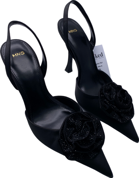 MANGO Black Sling Back Court Shoes With Rose Detail UK 7 EU 40 👠