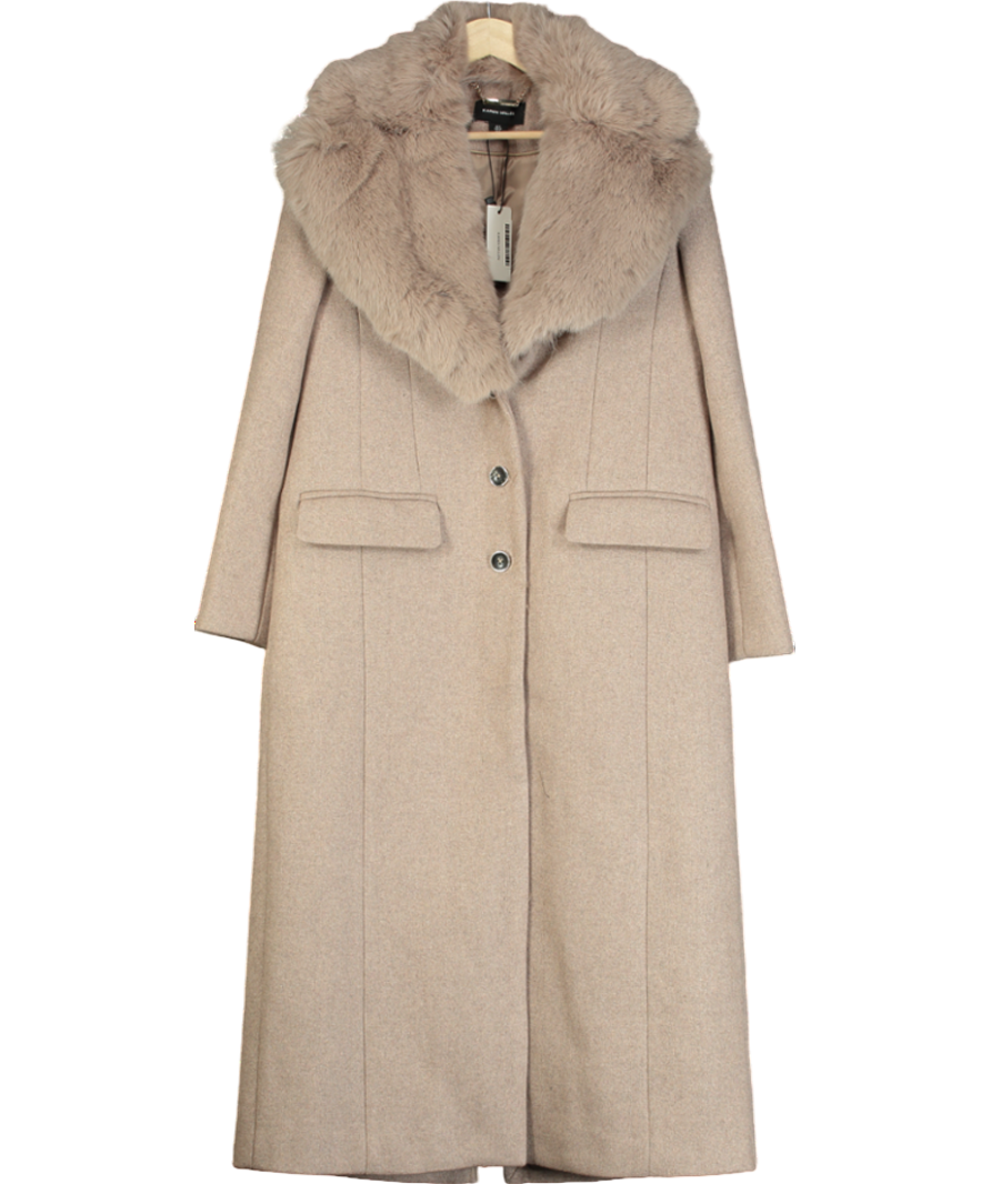 Karen Millen Beige Wool Blend Fur Trim Collar Tailored Midi Coat UK 8