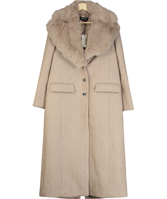 Karen Millen Beige Wool Blend Fur Trim Collar Tailored Midi Coat UK 8