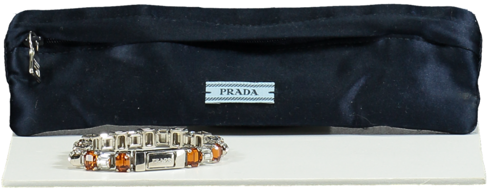 Prada White Silver Crystal Logo Clasp Large Tennis Bracelet One Size