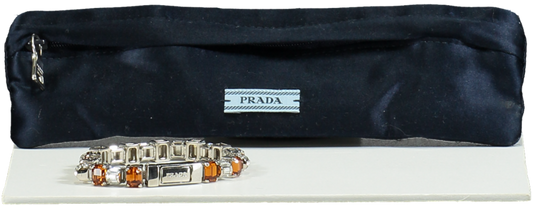 Prada White Silver Crystal Logo Clasp Large Tennis Bracelet One Size