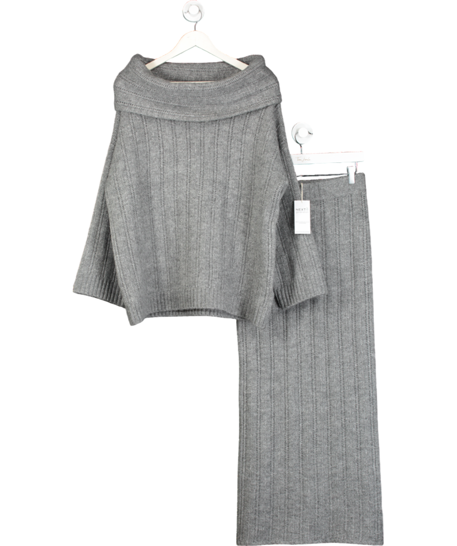 Next Grey 2-piece Wool Blend Off The Shoulder Jumper And Pull On Knit Skirt set UK S IS SKIRT TOP IS M