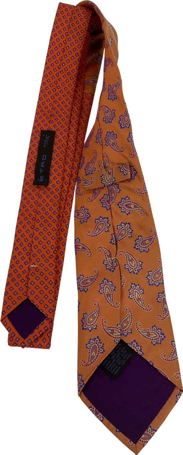 ETRO Orange Paisley Patterned 100% Silk Neck Tie