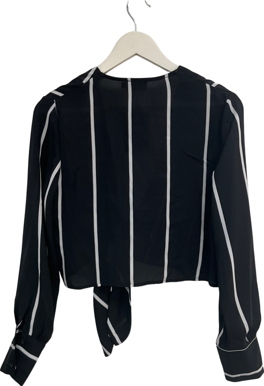 PrettyLittleThing Black Striped Tie Front Top UK 10