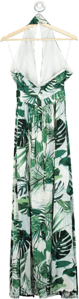 Green and White Leaf Print Halter Maxi Dress UK L