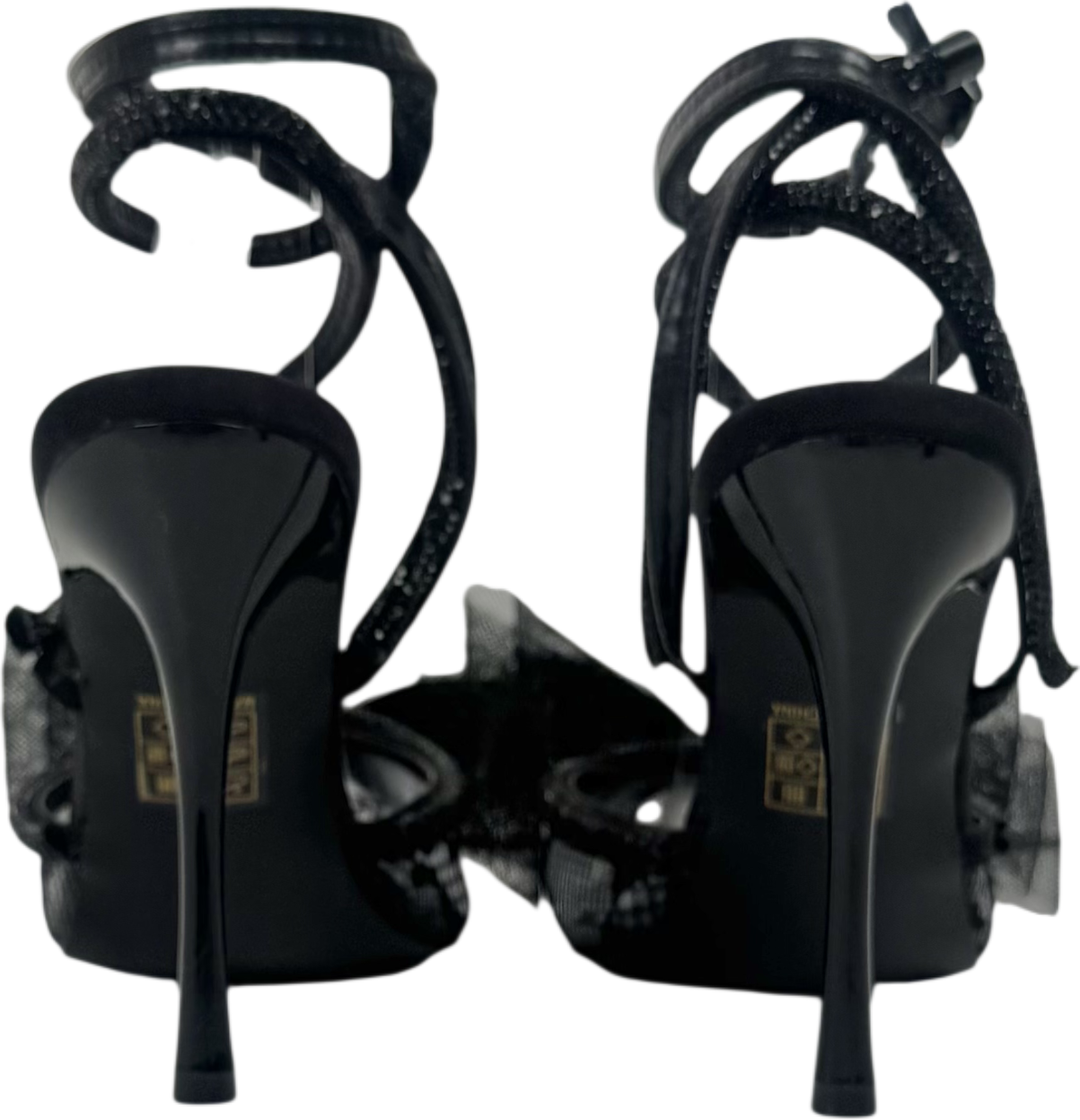 Public Desire Brat Black Diamante Strap Wrap Around Pointed Stiletto Heels UK 6 EU 39 👠