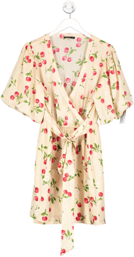 Wednesday's Girl Beige Cherry Print Puff Sleeve Mini Dress UK 20