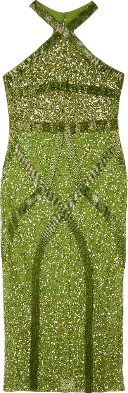 Karen Millen Green Embellished Woven Halter Midi Dress BNWT UK 10