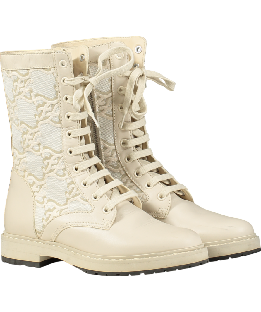 Fendi Cream Vitello Fabric Jacquard Karligraphy Embroidered Calf Length Boots UK 4 EU 37 👠
