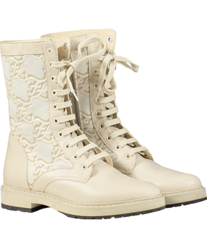 Fendi Cream Vitello Fabric Jacquard Karligraphy Embroidered Calf Length Boots UK 4 EU 37