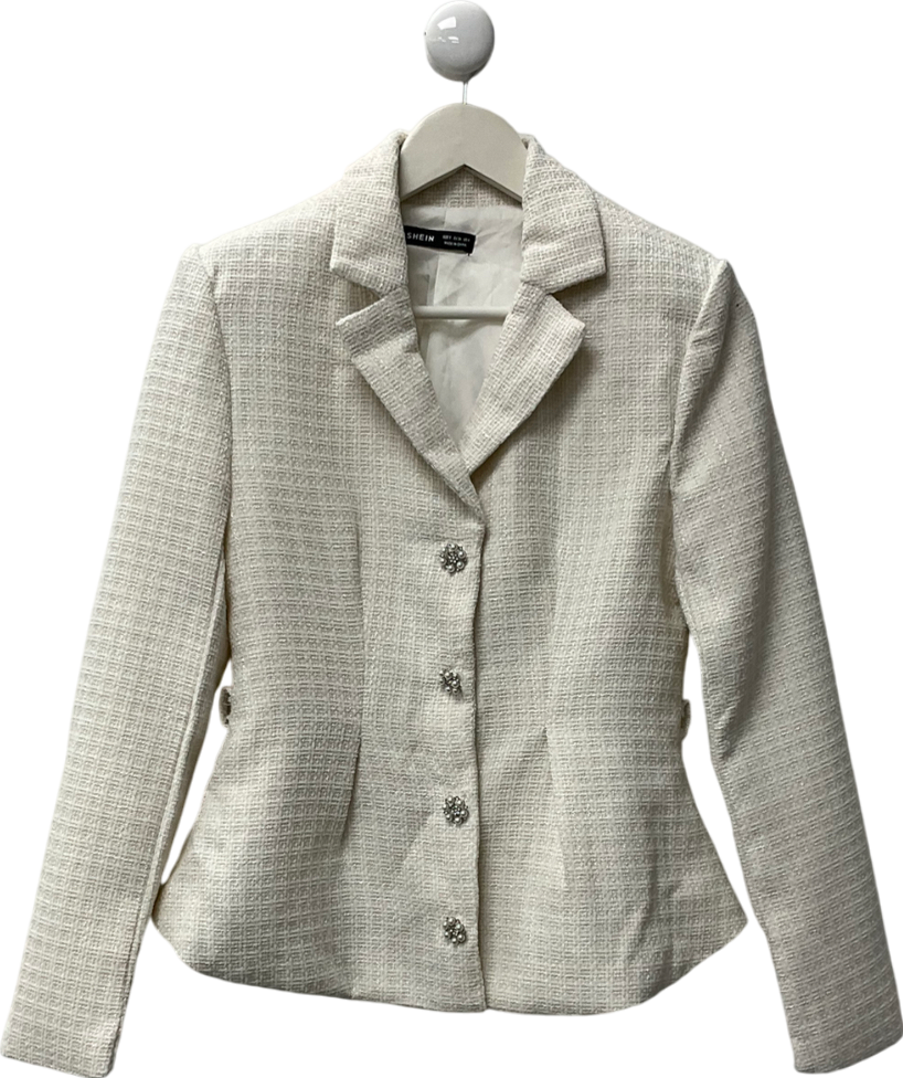 SHEIN White Raffinéa Women's Casual Tweed Blazer Jacket UK S