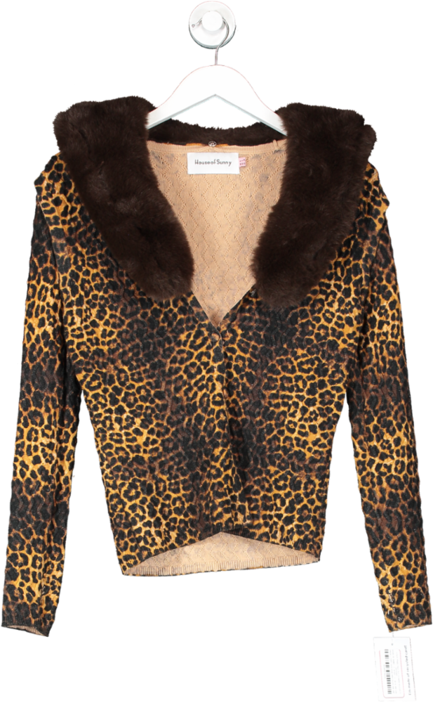 HOUSE OF SUNNY Brown Jungle Peggy Faux Fur-trimmed Knitted Cardigan UK 8