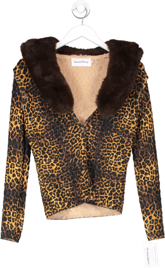 HOUSE OF SUNNY Brown Jungle Peggy Faux Fur-trimmed Knitted Cardigan UK 8