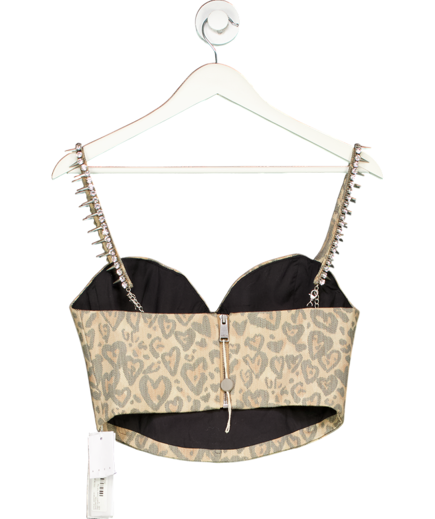 AREA Brown Heart Leopard Crystal  Bow Trim Bustier Top UK 8
