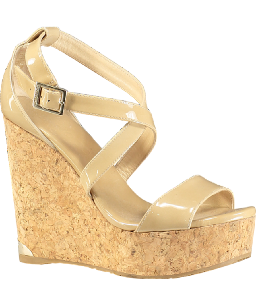 Jimmy Choo Beige Patent Portia Cork Heel Wedges UK 3 EU 36 👠