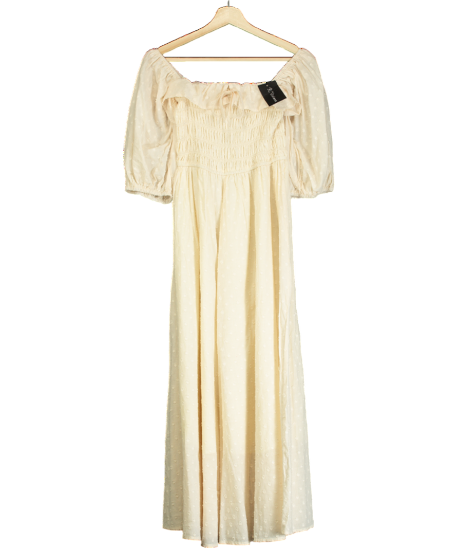 R.Vivimos Cream Women's Polka Dot Slim Fit Half Sleeve Dresses Square Collar Long Midi Dress UK 6